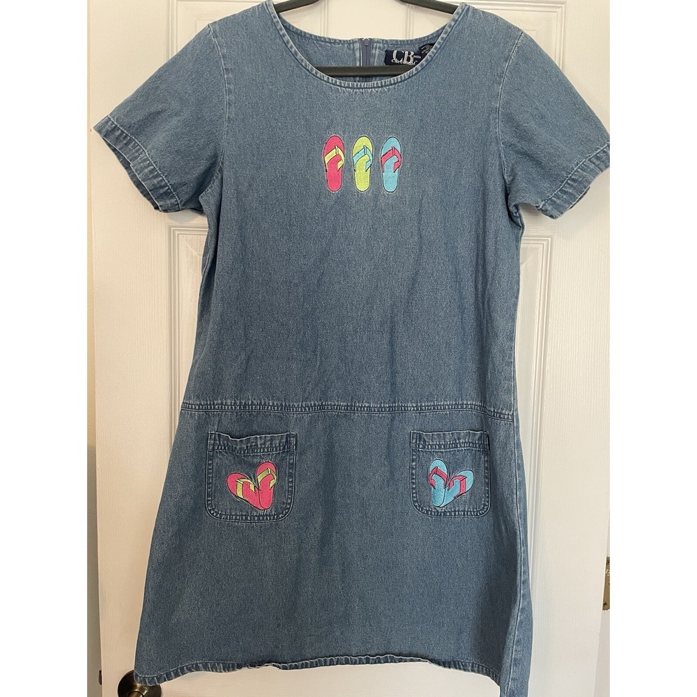 CB Casual Dress Womens Large Petite Blue Denim Beach‎ Sandels Embroidered Vtg